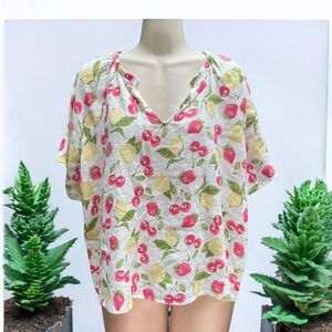 Isaac Mizrahi NWT Sz  1X Linen Blouse Top Cherries, Lemons & Strawberries Print